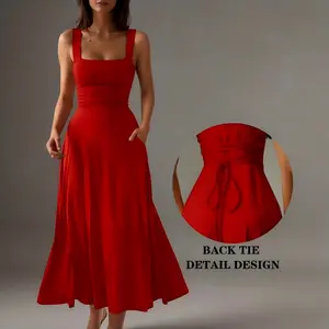 Women's Casual Sleeveless Square Neck A-Line Solid Slim Flowy Long Dress with Pockets & Back Tie Detail Design