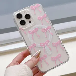 Magnetic for iPhone 16 Pro Max Case, Bow Case Compatible with MagSafe, Wireless Slim Clear Ribbon Aesthetic Phone Case Anti-Yellowing Shockproof Protective Cover for Women Girl - Pink phone cases