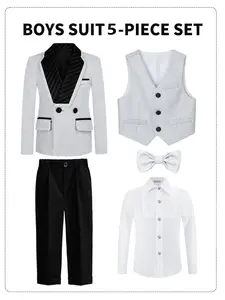 Kids' Glossy Formal 5-Piece Outfit (Blazer + Shirt + Waistcoat + Pants + Bow Tie) Contrast Trim Lapel with Double-Breasted Blazer, Perfect for Boys' Hosting & Stage Events