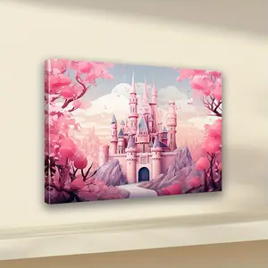 1pc Pink Castle Canvas Print, Romantic Fantasy Princess Wall Art with Wooden Frame, Home & Office Decor, Ideal Gift for Her and Him, Holiday Wall Decoration, Framed Canvas Wall Art