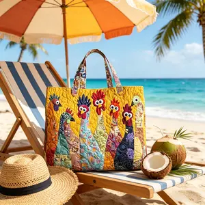 Boho Digital Printed Quilted Tote Bag Commuting Leisure Birthday Gift Fun Chicken Tote Bag,Cute Chicken Patchwork Tote,Quilted Fabric Shoulder Bag for Grocery, Travel & Gifts