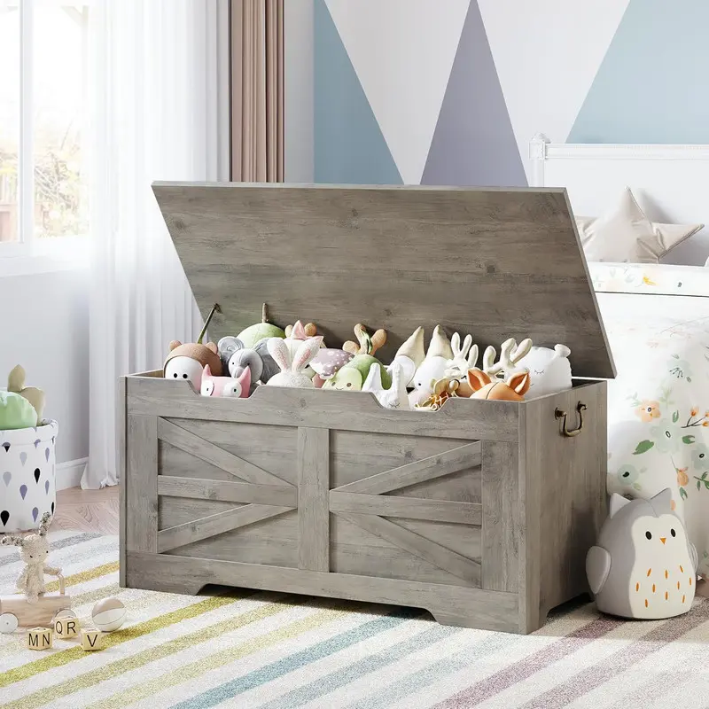 GARVEE Rustic Storage Chest 39.4" Farmhouse Bench Solid Wood Toy Chest with Safety Hinge 350 lb Capacity for Entryway Bedroom Grey