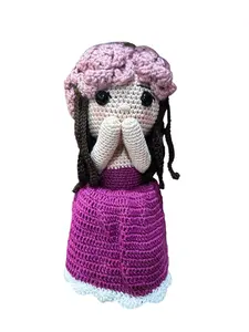 Unique Handmade Crocheted Magenta Dress Doll Flower Bouquet 12" Tall 8" Diameter Mexican Artisan Craft Special Gift