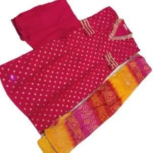 Hot Pink and Yellow Indian Women's Casual Summer Comfort Dress with Polka Dots and Trousers - Womenswear