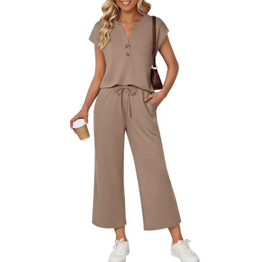 Songling Women's 2-Piece Basic Casual Clothes Set - Adjustable High-Waisted Drawstring Wide-Leg Pants, Elegance Solid-Color V-Neck Button-Up Shortsleeve Top, Warmer, Lady