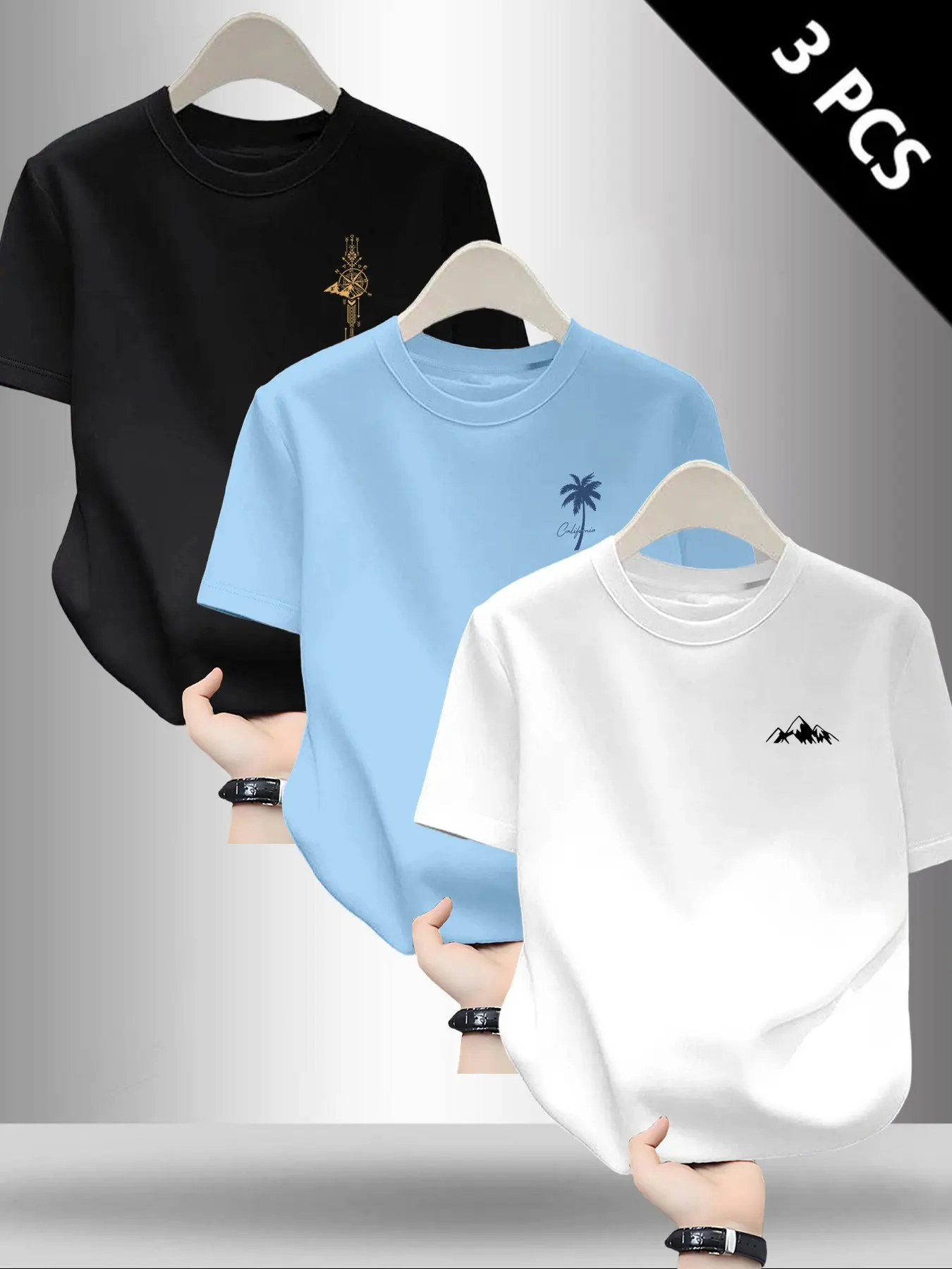 Men's Mountain and Palm Tree Tropical Print Round Neck Short Sleeve T-Shirt, Casual Graphic Tee, Casual Soft Top, Summer Fashion Outdoor Wear, 3-Pack Set