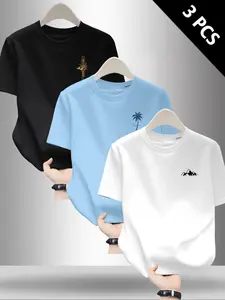 Men's Mountain and Palm Tree Print Short Sleeve T-Shirt, Casual Soft Top, Summer Fashion Outdoor Wear, 3-Pack Set