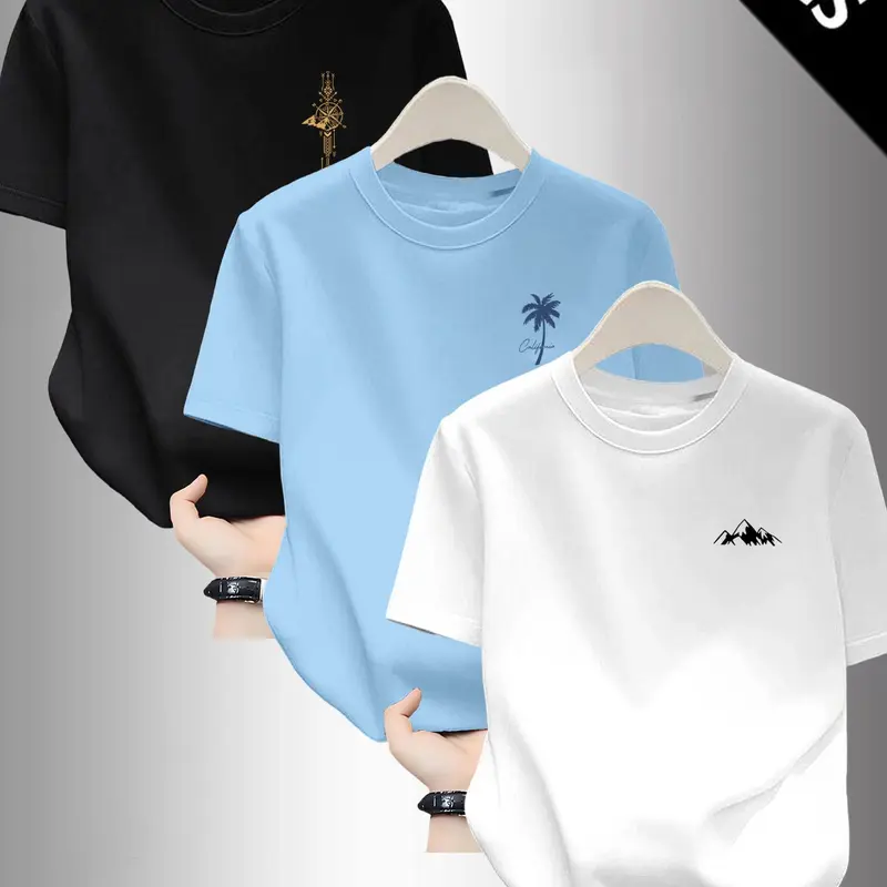 Men's Mountain and Palm Tree Tropical Print Round Neck Short Sleeve T-Shirt, Casual Graphic Tee, Casual Soft Top, Summer Fashion Outdoor Wear, Apparel T Shirt, 3-Pack Set
