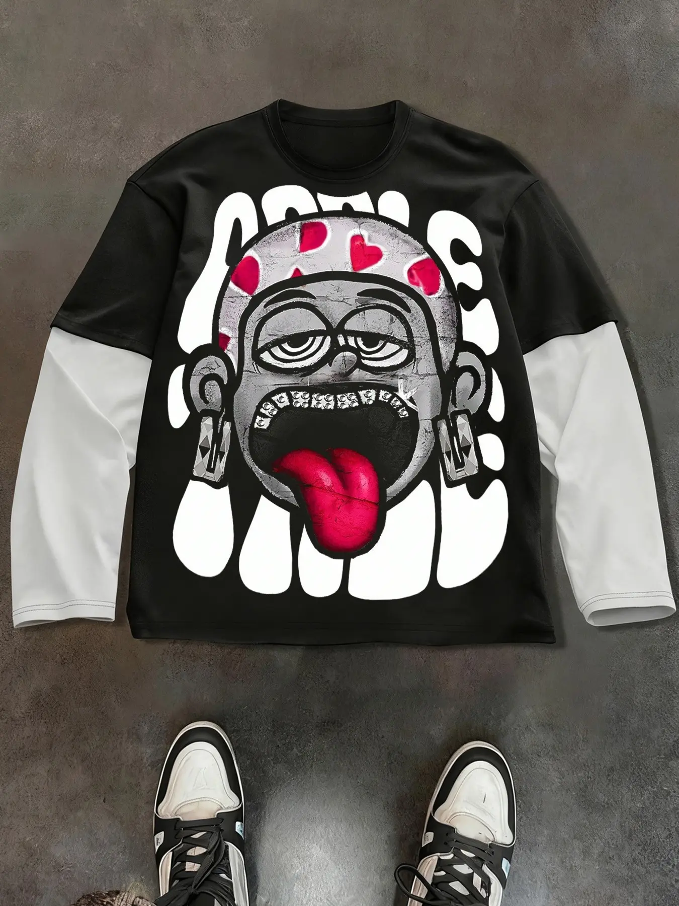 Men's and women's styles, Fashion, Stylish, Streetwear design, Spring and autumn version with long sleeves, featuring a cartoon-style boy's print, round collar, and layered design, Perfect for a streetwear look, ideal for hip-hop and trendy outfits, Tops