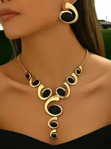 Statement Necklace Earrings Set, 2pcs Geometric Asymmetrical Hammered Texture Graduated Size Extra Long Pendant Necklace & Earrings Jewelry Gifts Elegant Jewelry Set