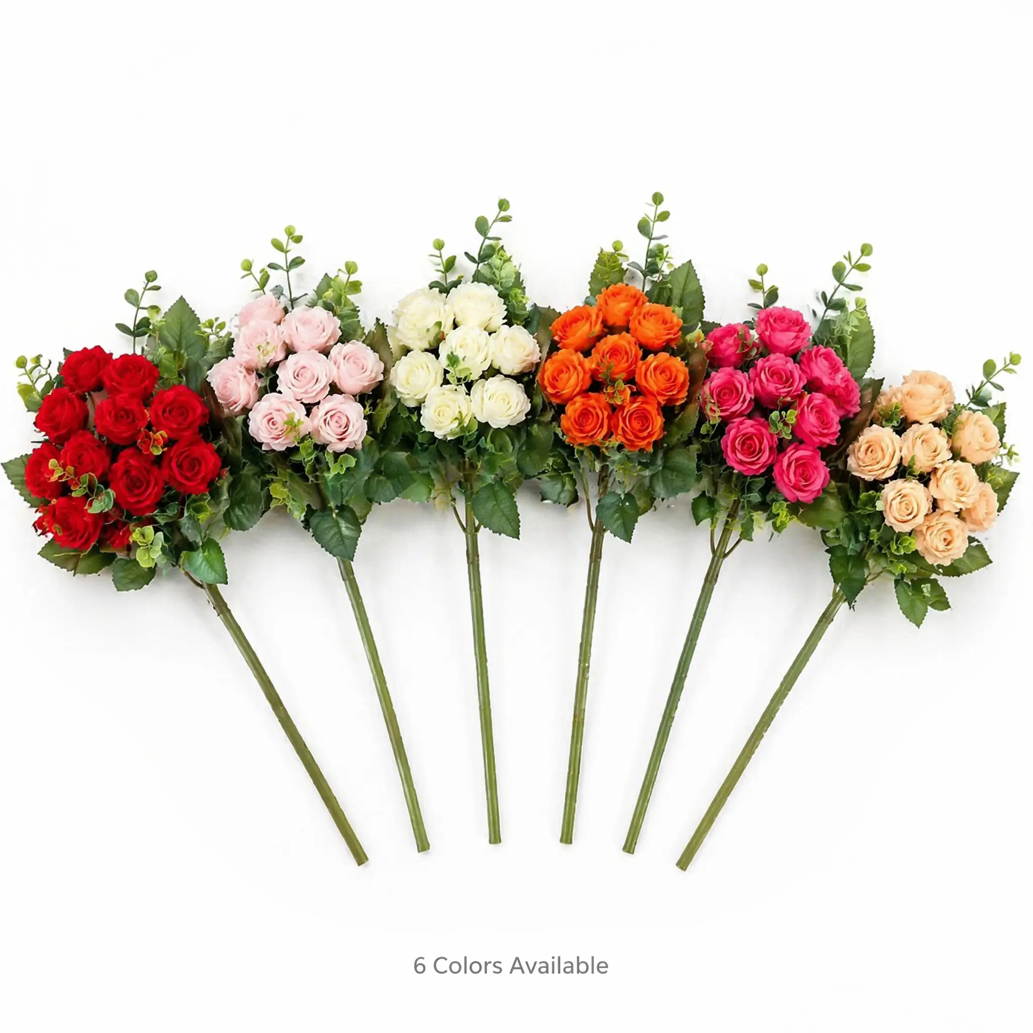Artificial Silk PVC Rose & Eucalyptus Floral Set (6-Pack, 66 Total Flowers, Green Leaves) - Long-Lasting, Natural Look Home Decor Ornaments, Plants for Desk Table Arrangements, Basket Displays