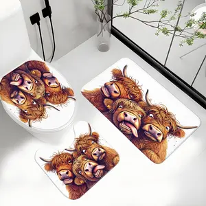 3pc Cute Highland Cow Faux-Cashmere BATH MAT COMBO: oval cover+U-shape contour+sq-pad, toilet zone snap-absorb quick-dry, fold-hook dry-fast, machine-wash refresh gift-cute