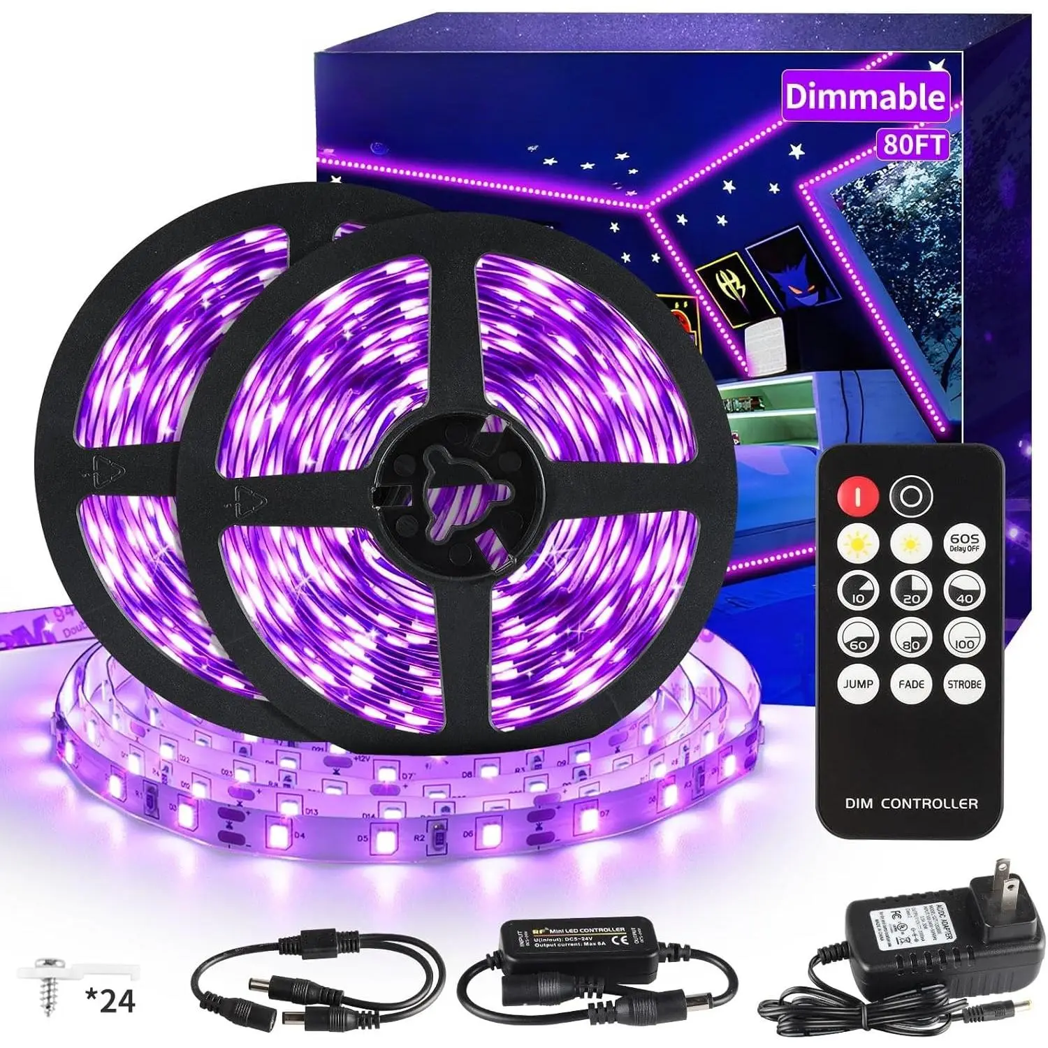 80ft Dimmable Black Light Strip with Remote, 1440 LEDs, 12V Flexible, 2 Modes (Fade), Adjustable Brightness, Delay Off, for Halloween Glow Party, Indoor Stage Lighting, Painting & Cabinet Display