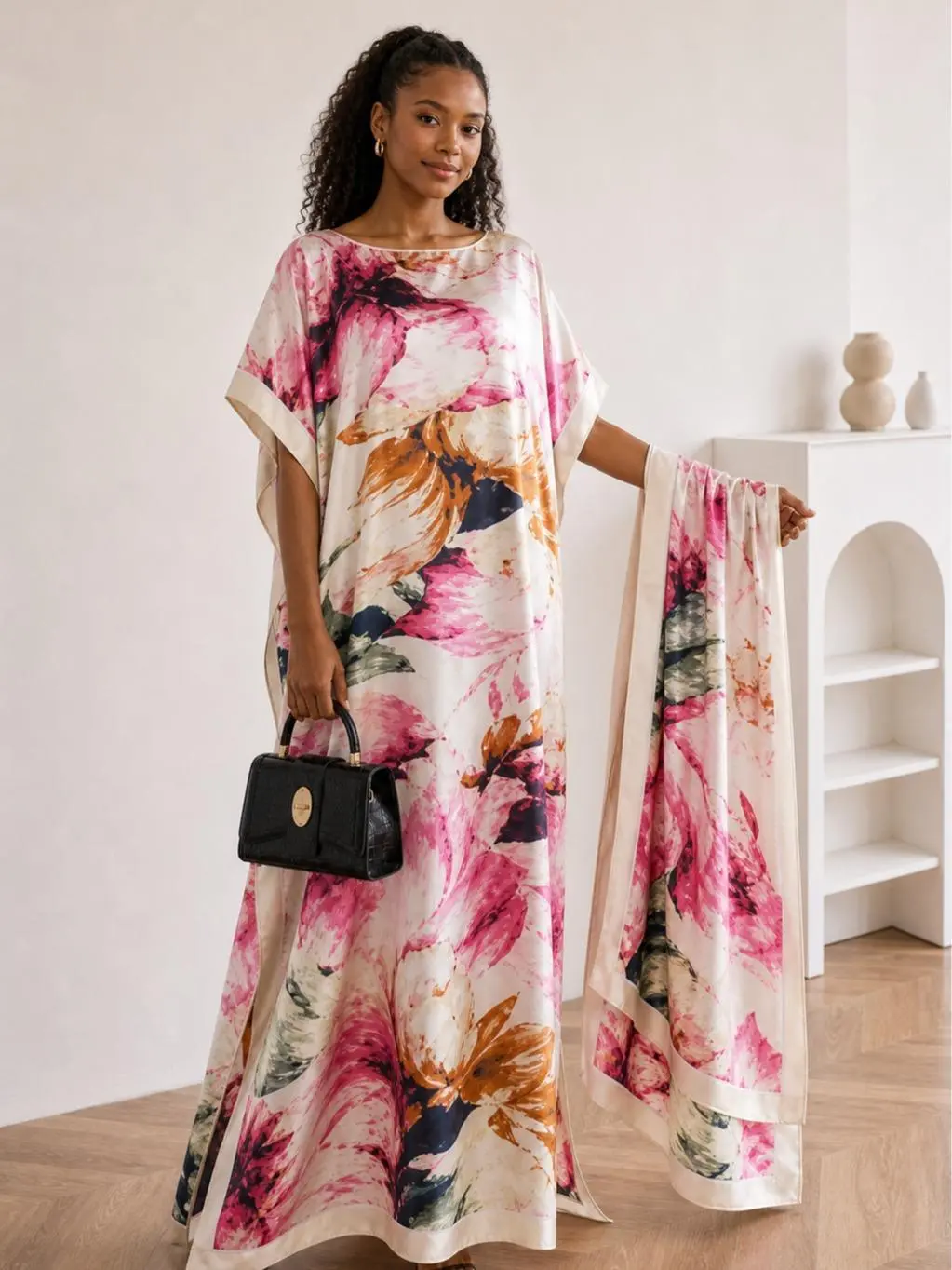Women's 2-Piece Oversized Rose Pink Large Flowers Caftan Dress Set with Scarf - Soft, Light, Feminine Casual Robe, Beach Cover-Up, Drapey, Loose, Matching Moomoo, Long Robe, Scarf Print Scarves & Shawls Fashion Apparel Floral Summer
