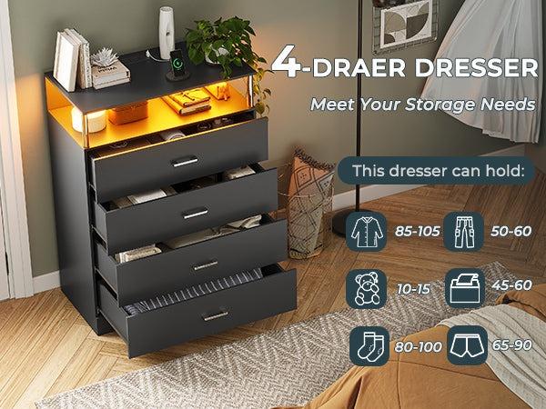 Sikaic 4 Drawers Led Tall Dresser Home Storage Cabinet with Charging Station for Bedroom Closet