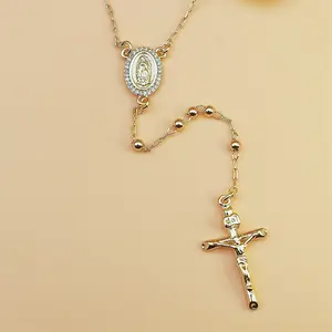 Vintage Gold Plated Rosary Beaded Necklace with Virgin Mary Medal & Crucifix Pendant, Retro Catholic Religious Jewelry, Hip Hop Cuban Style Tassel Chain Necklace, Unisex Layered Accessory for Men Women, Daily Party Streetwear Statement Necklace