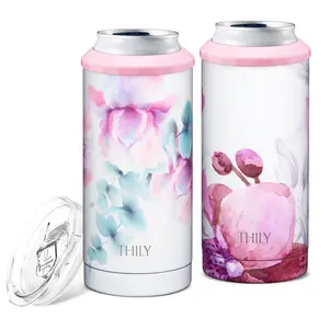 Skinny Can Cooler Vacuum Insulated - THILY Stainless Steel Drink Sleeve Holder for 12 oz Slim Cans | 2 in 1 Insulated Mug with Lid, for Slim Beer & Hard Seltzer, 2 Pack(Pink Lilies + Lotus Flower)