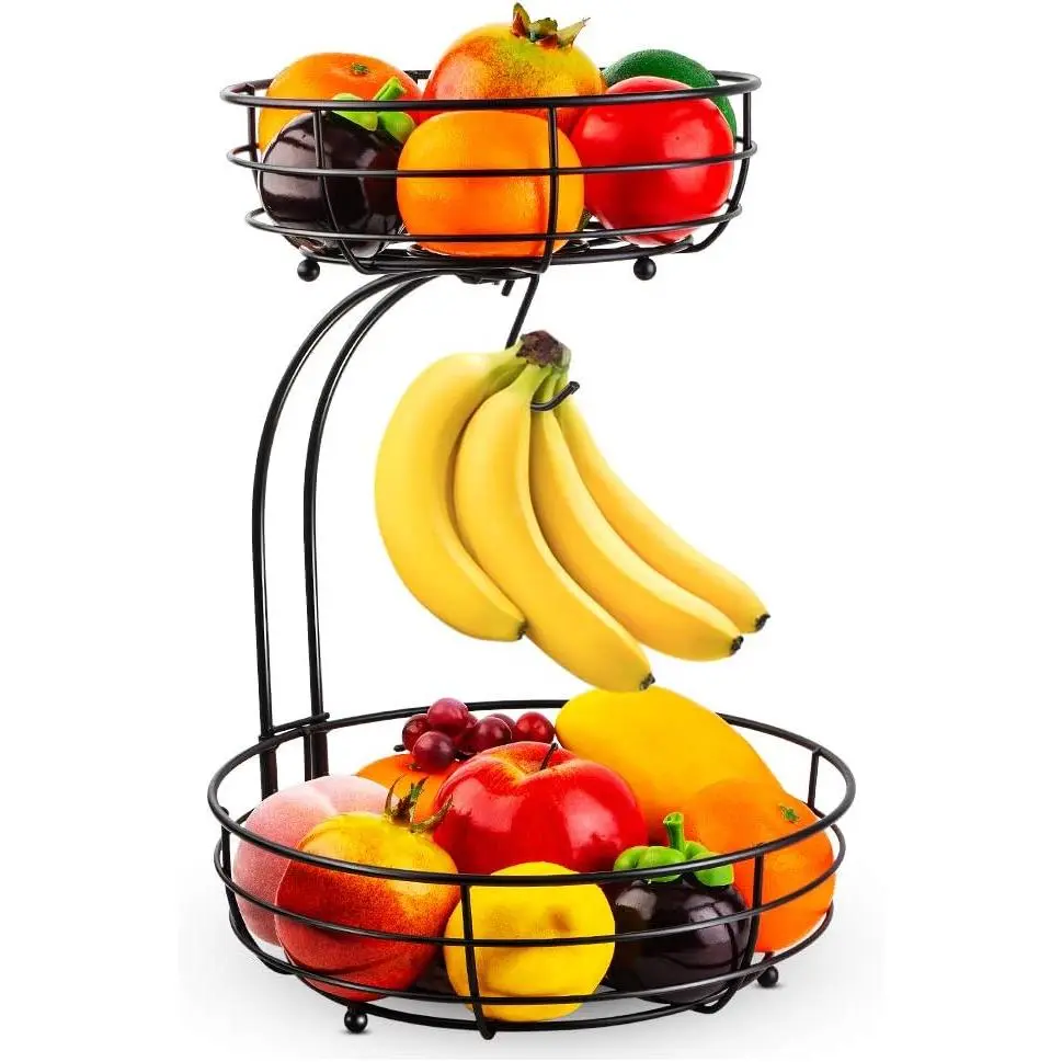 Iron 2-Tier Countertop Fruit Vegetables Basket Bowl Storage With Banana Hanger, Black, 64 ounces