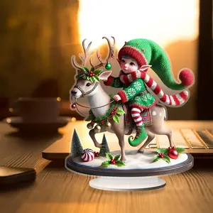 Christmas Elf & Reindeer Design 2D Acrylic Ornament, 1 Count Creative Desktop Decoration with Base, Festive Decorations for Home Office, Gift for Friends & Family