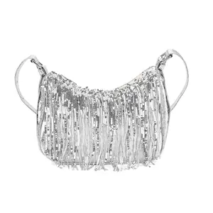 Silver Faux Leather and Sequin Timeless Fringe Crossbody Bag with Shoulder Bag