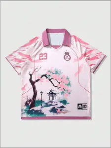 Vintage Blokecore Cherry Blossom Soccer Jersey | Aesthetic Oriental Graphic Football Shirt | Pink Dreamy V-Neck Oversized Streetwear Top for Summer | Soccer Uniform
