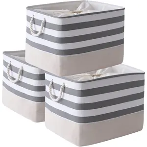 Jumbo Storage Bins Baskets Sturdy Fabric Organizing Basket W Handles Decorative Foldable Storage Baskets for Shelves Closet Nursery Toy GreyWhite Stripes 3 Pack 20.5Lx15.7Wx13.8H in