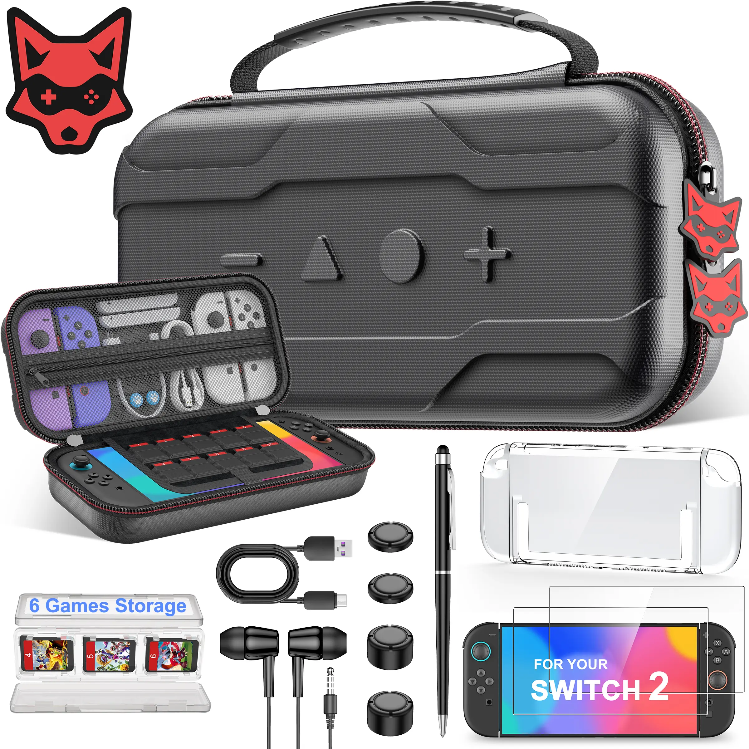 ESYWEN 8 in 1 Switch 2 Accessories Set for Nintendo Switch 2 (2025), Portable Hard Shell Carrying Case with a protective case, 2 HD tempered films, a joystick cap, a folding card box, a data cable, a dual-tip pen, and headphones