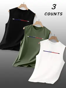 Men's 3-Piece Set Letter Pattern Print Round Neck Sleeveless Fitted T-Shirt, Casual Comfortable Top for Summer Outdoor Fitness Wear