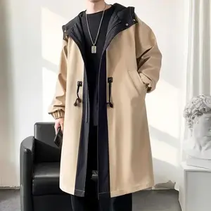 Men's Oversized Windbreaker Trench Coat, Contrast Patchwork Design with Zipper Waistband, Long Hooded Jacket