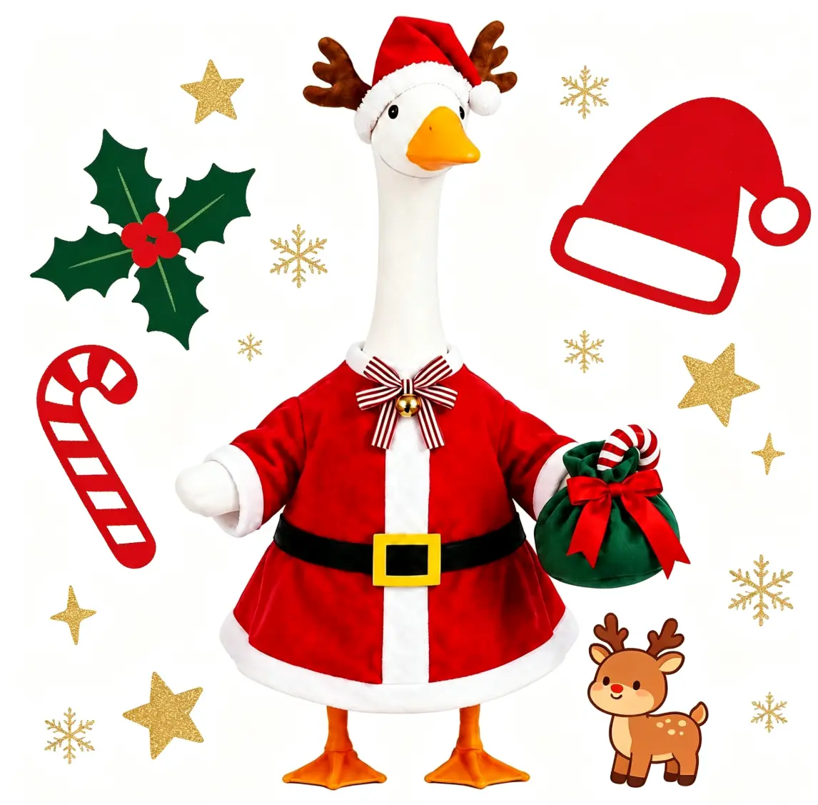23" Goose Statue Christmas Santa Porch Outfit, with Antler Hat, Jingle Bell Bow Tie, Candy Cane Gift Bag, Funny Xmas Outdoor Decor, Ideal Gift for Garden & Porch Decor Lovers