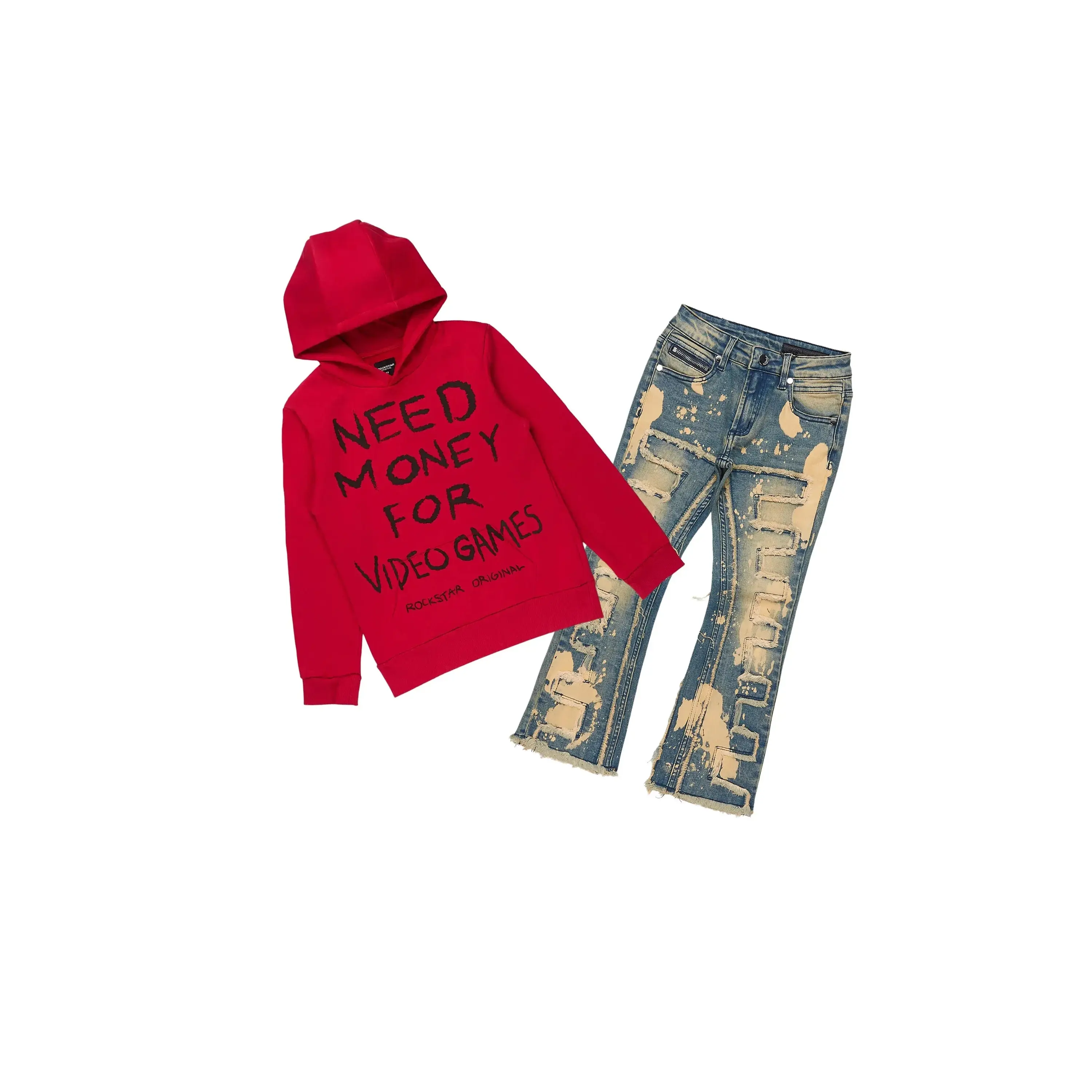 Boys M4 Video Games Red/Tint Hoodie/Stacked Jean Set