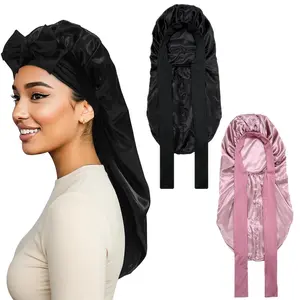 1/2-Pcs Set Couple Long Single-Layer Satin Bonnet for Braids Silk Like Elastic Summer Hair Bonnets for Sleeping Night Cap Stretchy Tie Band for Women