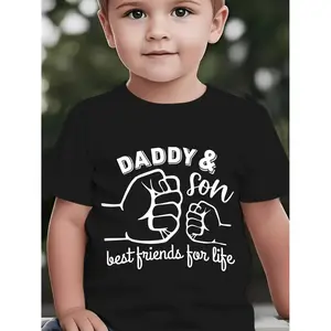 Summer Boys Fashion Cotton T-Shirt Featuring "Daddy and Son Best Friends for Life" Lettering with Father and Son Fist Bump Cartoon Print for Outdoor Casual Wear
