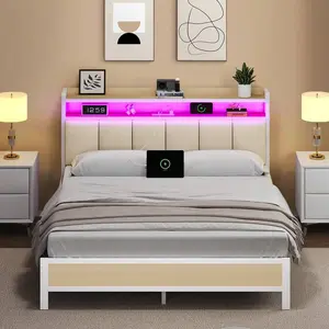 LED Bed Frame With Storage Headboard, Upholstered Bed Frame With Charging Station, Metal Platform Bed Frame With Heavy Duty Metal Slats, No Box Spring Needed, Easy Assembly, Black/ White/ Beige