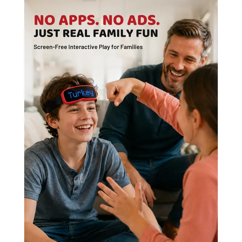Family playing the LED headband guessing game together at home, screen-free fun