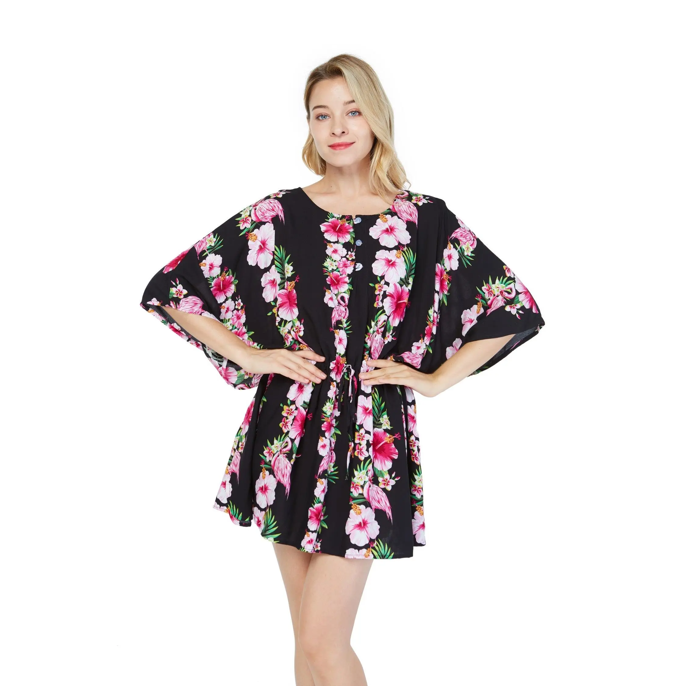 Women's Short Poncho Dress Pink Black Hibiscus Vine