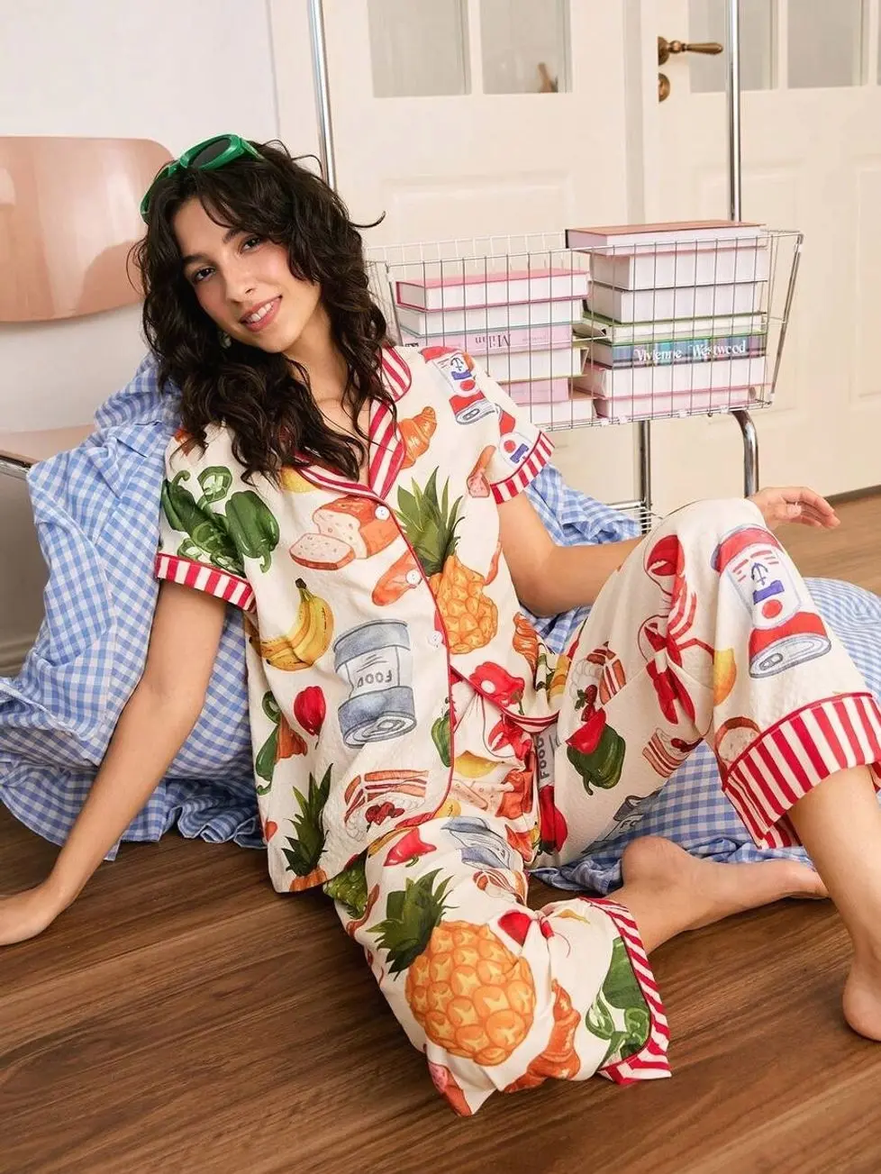 Fruit & Food Print Colorblock Striped Collar Short Sleeve Women Pajama Set