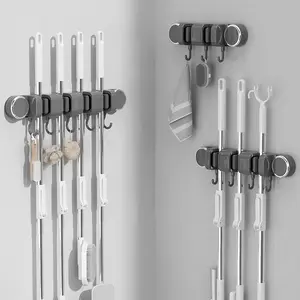 Bathroom suction cup mop wall-mounted holder, no-drill required, multi-clip hook for brooms behind the door, mop storage rack