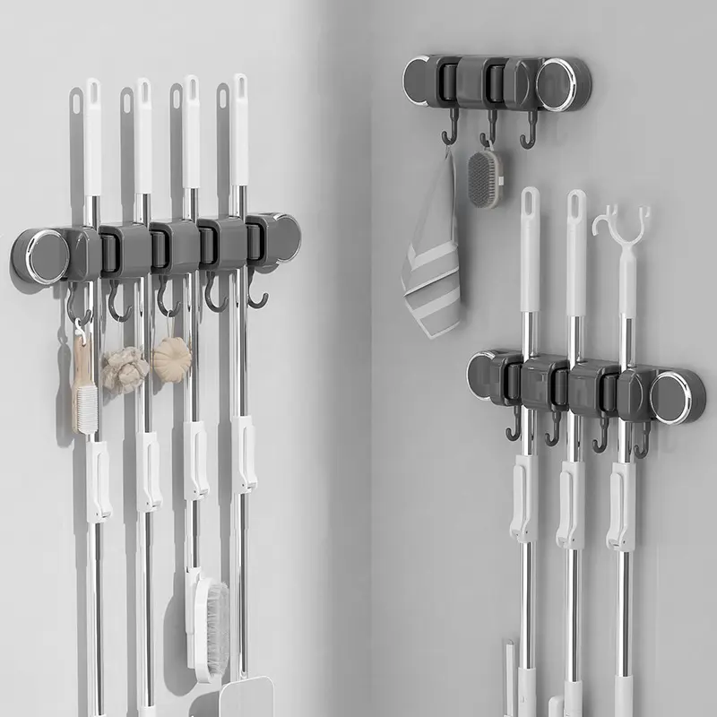 Minimalist ABS Bathroom Suction Cup Mop Organiser - Rubber Suction Cup Base Hooks & Rails, No-Drill Wall-Mounted Storage Rack, Multi-Clip Hook for Brooms & Mops Behind Doors, Suction Cup Mop Holder