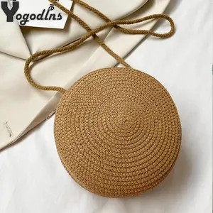 Round Straw Bag Women Woven Beach Crossbody Bag for Ladies Cute Shoulder Rattan Handmade Knitted Candy Color Small Handbag