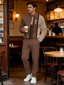2026 Men's Fashion New Style White and Brown Striped Half-Closed Jacket Set, featuring the Crown K design, long sleeves, with zipper, suitable for casual, sports, gifts, business, vacation, street wear, and medium stretch.