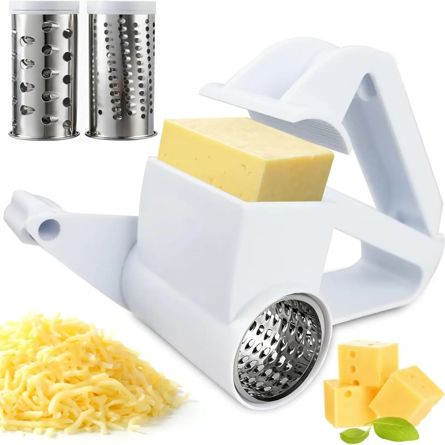 Handheld Rotary Cheese Grater Kitchen Utensils with Fine & Coarse Drums, Durable, Stainless Steel & Abs, Dishwasher Safe, Includes Extra Handle, Ideal for Cheese Nuts Chocolates