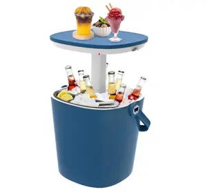 Portable Outdoor Ice Cooler Bar, 15-Can Blue Multifunctional Side Table with Snack Tray, Hidden Bottle Opener & Food Clips, Lightweight for Indoor/Patio Use, Camping, Poolside, Party