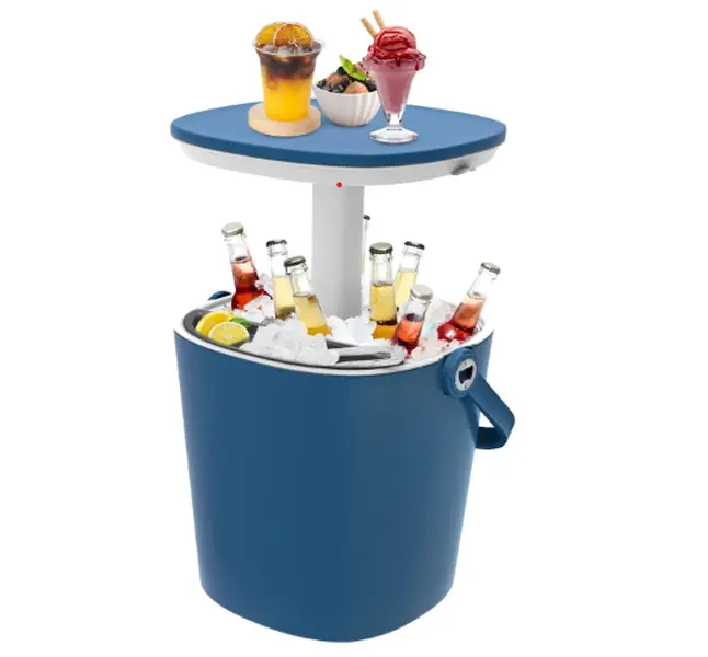 Portable Outdoor Ice Cooler Bar, 15-Can Blue Multifunctional Side Table with Snack Tray, Hidden Bottle Opener & Food Clips, Lightweight for Indoor/Patio Use, Camping, Poolside, Party