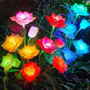 Solar Garden Lights Outdoor Decorative, 3 Pack Solar Flower Lights with 15 Rose Flowers, Multi-Color Changing LED Waterproof Garden Decor for Landscape Pathway, Mother's Day Gifts for Women