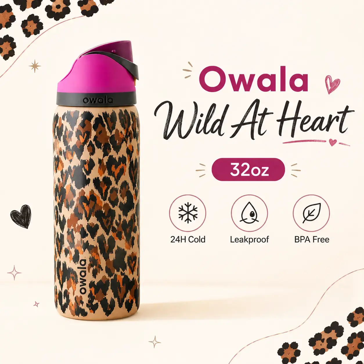 Owala FreeSip Leopard 32oz Wild At Heart Water Bottle – Leakproof Stainless Steel Insulated Travel Tumbler