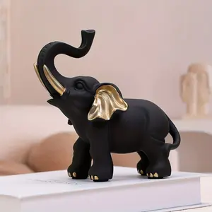 1pc Lucky Wealth Elephant Decor - Elegant Black Resin Statue with Golden Accents, Modern Art Sculpture for Bookshelf, Living Room, Office & Cafe Display, Sophisticated Home Entryway Decoration, Elephant Home Decor, Perfect for Room Decor
