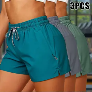3-pack women’s casual athletic shorts, solid color design, elastic drawstring waist, suitable for outdoor workouts, everyday outings, and casual wear—perfect for a summer vibe.