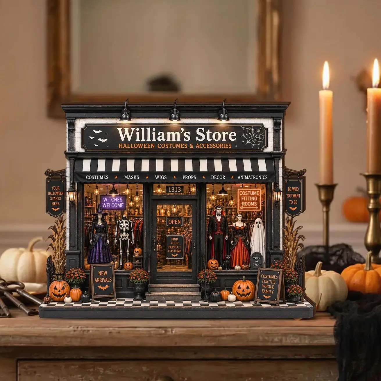 Personalized Halloween Costume Shop Wooden Block, Custom Halloween Store Decor, Spooky Village Shelf Sitter, Family Halloween Gift