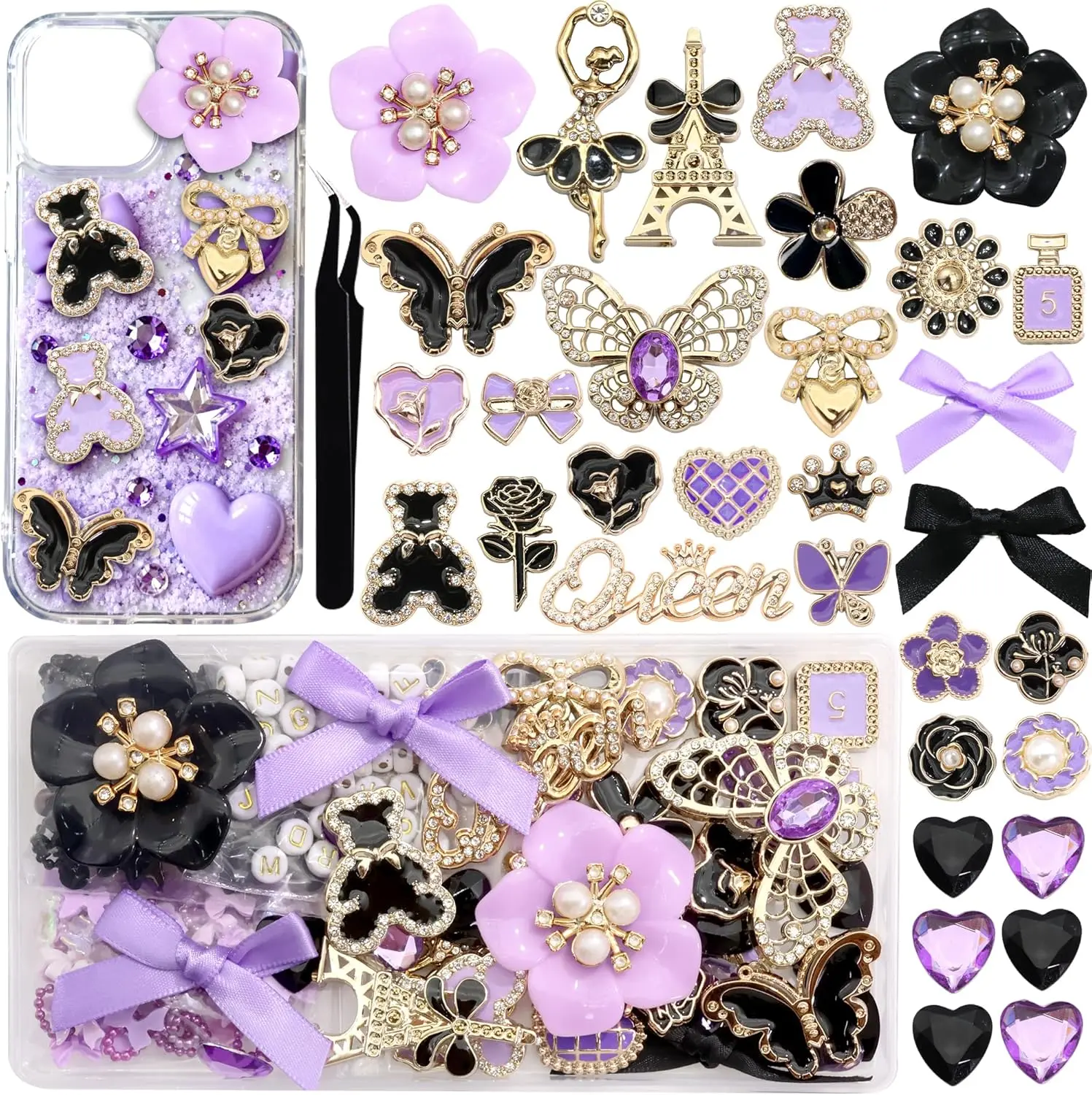 DIY Junk Phone Case Charm Kit for Jewelry Making & Beads Jewelry Making - 3D Bear, Gold Black Bow, Flower, Elegant Purple Butterfly, Heart Big Charm, Rose Flatback Pearls for Customizing Craft Projects, Bead Charms, Beads Assortment Charms
